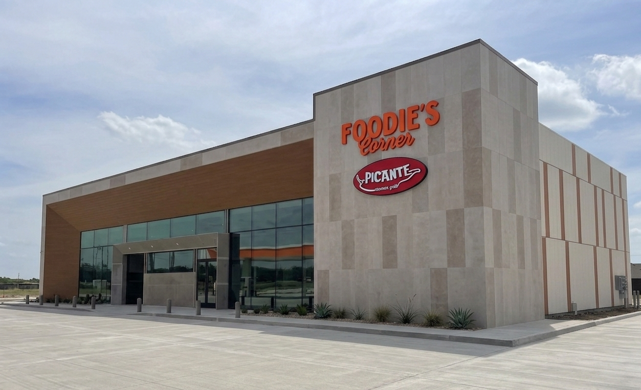 Modern architectural exterior of Foodie's Corner store